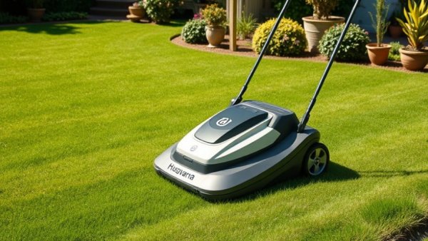 Husqvarna Automower 308V on a grassy lawn for review.