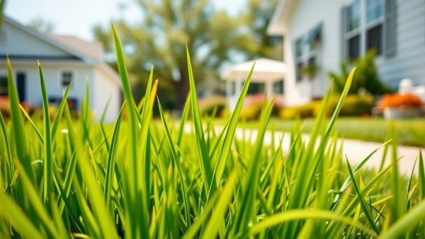 Close-up of grass with a house in Thornton Township Senior Lawn Care Program background