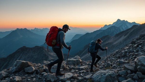 Hikers on rocky mountain path at dusk, digital marketing career roadmap metaphor.
