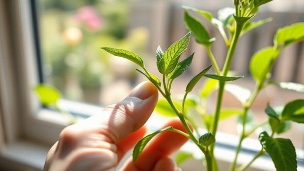 Close-up of a hand pinching pepper plant in bright natural light.