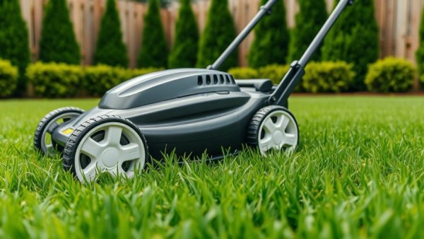 Lawn mower trims green grass, summer lawn care in Akron, OH