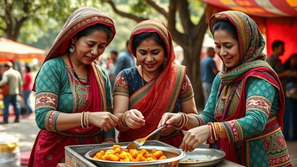 Women in ethnic attire at Gia Lai festival, preparing food outdoors.