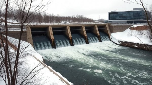 Michigan dam with water flow amid snow and trees, highlighting flooding threats.