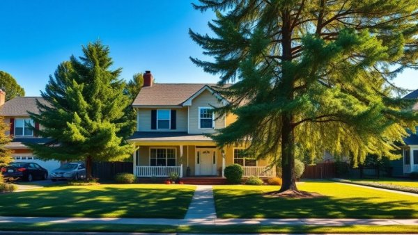 Charming two-story house in North Fork real estate market, sunny day.