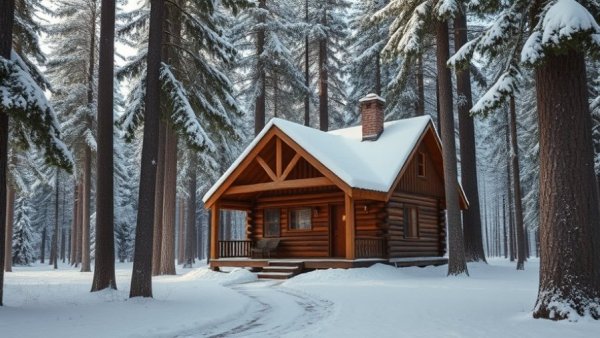 Scenic rustic cabin in snowy woods, homes for sale in New York and New Jersey.