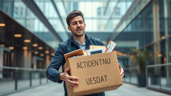 AI-driven layoffs illustration: Man with box of supplies.