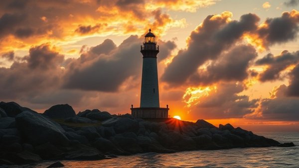 Michigan most visited state park lighthouse at sunset with dramatic clouds.