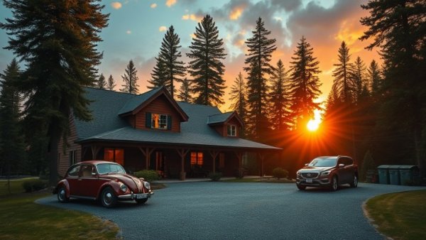 Charming lodge in West Michigan, ideal for short-term vacation rentals, at sunset.