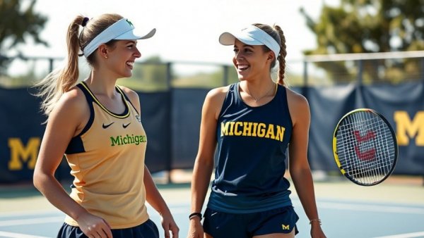 Michigan tennis rivalry match, two female players conversing on court.