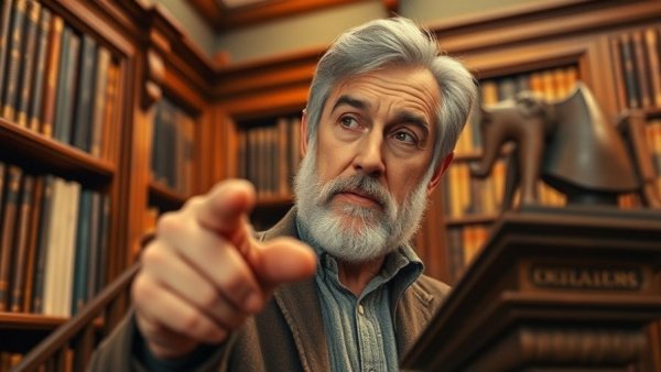 Middle-aged man in library discussing Scotford Relics Hoax.