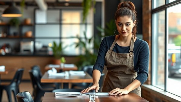Entrepreneurial woman arranging tables in a modern Canadian cafe, highlighting entrepreneurial drought in Canada.