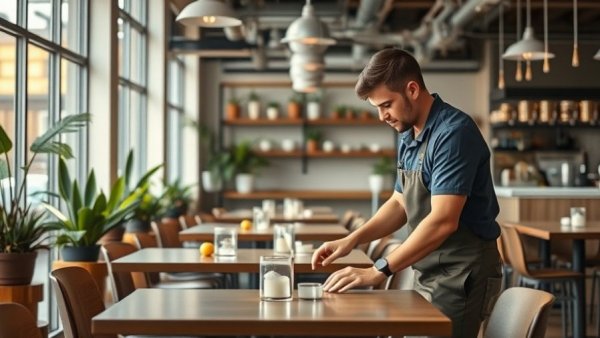 Restaurant worker organizing table in modern cafe in Canada