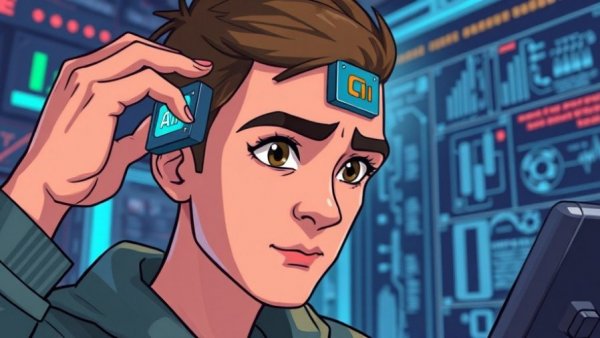 AI entrepreneurship opportunities depicted by a person inserting an AI chip into their head.