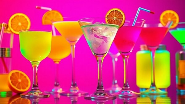 Colorful pop art cocktail glasses representing Michigan's top liquor sellers.