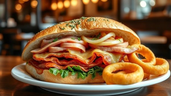 Gourmet Michigan deli lunch specials featuring a sandwich and onion rings.