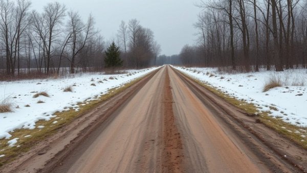 Rural road through snowy forest illustrates preventing spread of invasive species Michigan.