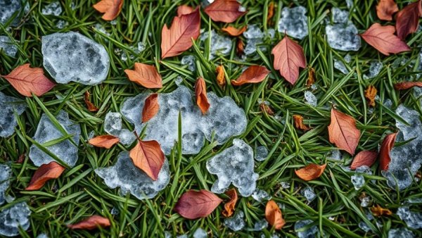 Frozen spring lawn with scattered leaves after Eastern Idaho freeze