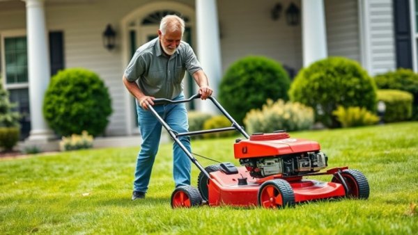 Lawn care app GreenPal in use: Man mowing lush suburban lawn.