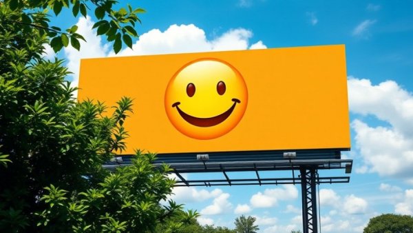 Outdoor billboard showcasing a smiling emoji, clear sky background.