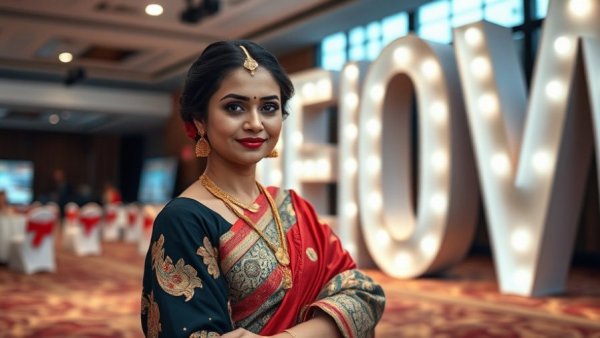 Elegant woman in traditional attire confidently poses at indoor event.