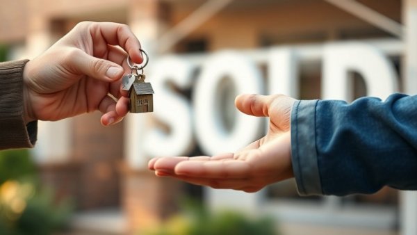 Real estate in Brown County: hands exchanging house key with 'SOLD' sign.