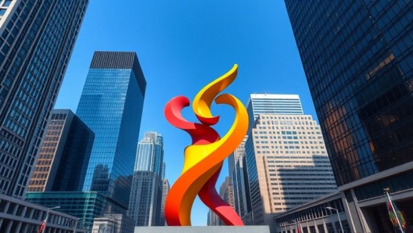 Abstract sculpture in Michigan cityscape with skyscrapers