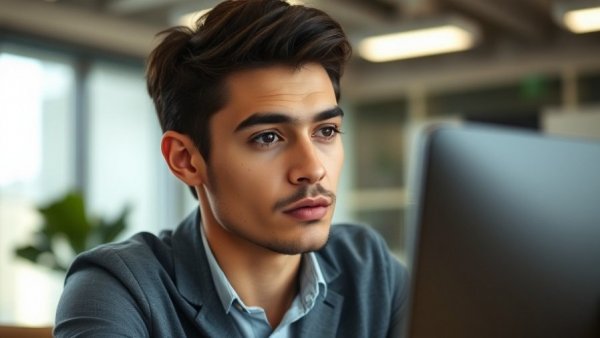 Young professional using computer in modern office, AI transforming careers.