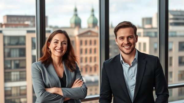 Two smiling business professionals with cityscape, supply chain AI context.