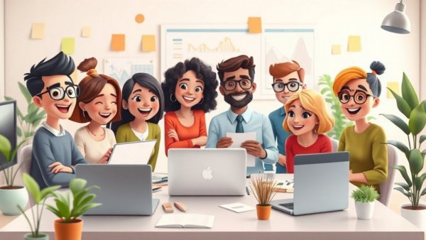 Pipefy partners with Microsoft: Cartoon team collaboration in office setting.