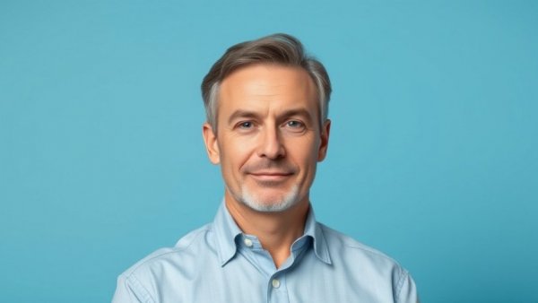 East Lansing attorney in dark suit against blue background.