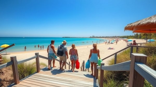 Pure Michigan summer travel scene with beachgoers.