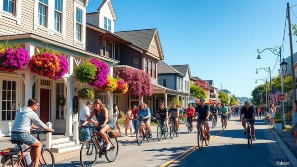 Mackinac Island street lively with summer tourists and cyclists.