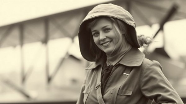 Harriet Quimby in vintage flight suit, pioneering woman aviator.