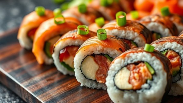 Close-up of gourmet sushi rolls from the best sushi restaurant in Michigan.