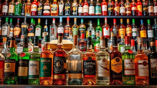 Vibrant display of liquor bottles on a bar shelf.