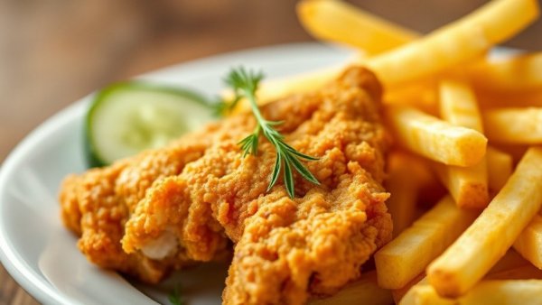 Crispy fried chicken and fries with dill garnish at a Michigan Deli.