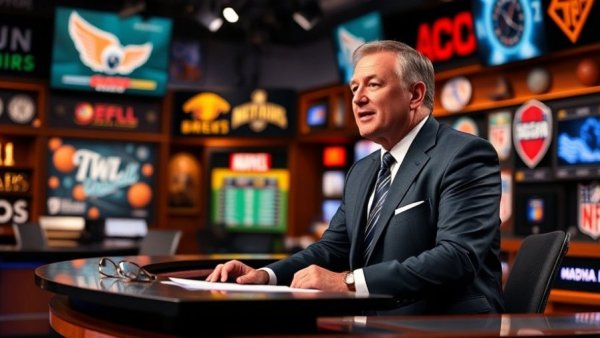 Professional host discussing sports show, studio setting