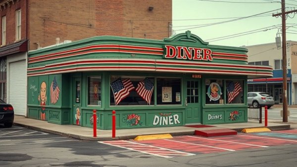 Quaint diner in Michigan with patriotic murals.