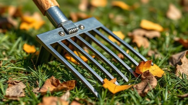 Metal rake on grass for Michigan invasive pests prevention.