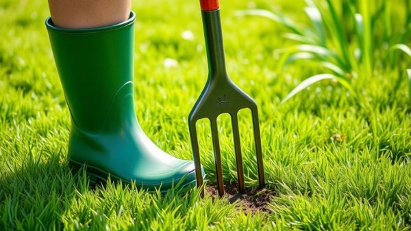 Lawn aeration in Shelby Michigan with garden fork and rubber boots.