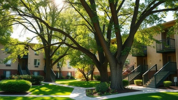Sunlit apartment complex showcasing rental property oversight services.