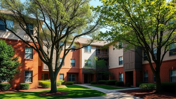 Multifamily asset management apartment complex with lush greenery.