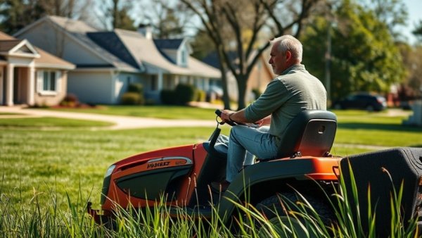 Person mowing lawn in suburban neighborhood with GreenPal.