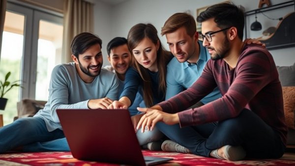 Group collaborating on a laptop in a cozy setting, shareable marketing focus.