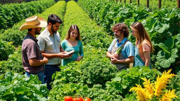 Young agripreneurs embracing digital marketing in a vibrant vegetable garden.
