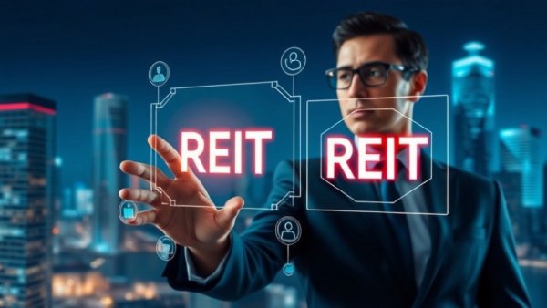 Futuristic REIT display over cityscape illustrating real estate stocks surge.