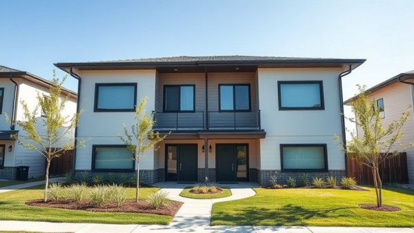 Two-story duplex in Monroe Michigan with well-maintained lawns.