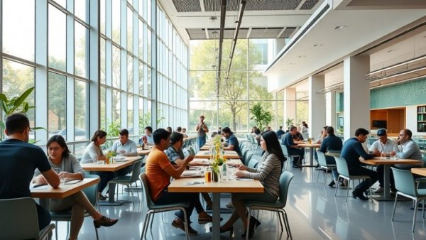 Spacious tech company cafeteria with modern design and large windows.