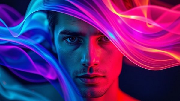 Futuristic face with digital waves, AI predictive analytics theme.