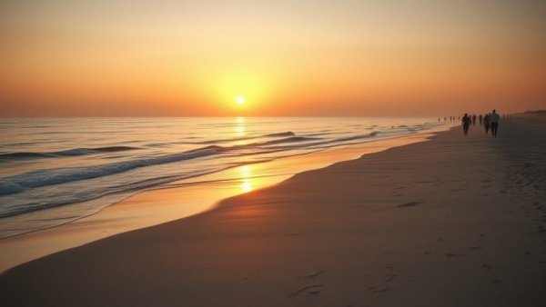 Pure Michigan travel inspiration: people strolling on a sunset beach.